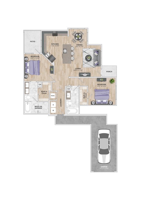 Floor plan for 2 beds, 2 baths, 1265 sqft