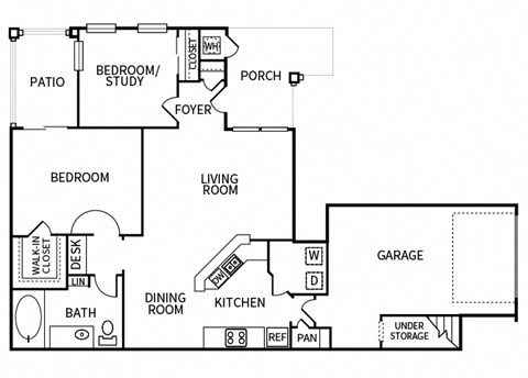 Floor plan for 2 beds, 1 bath, 1028 sqft