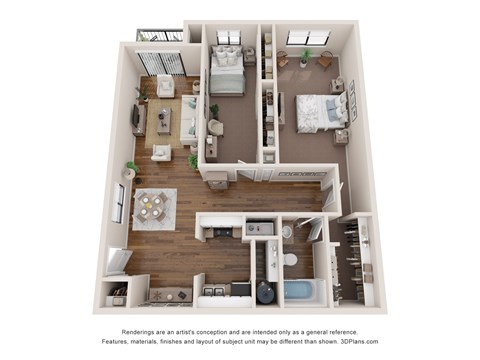 Floor plan for 2 beds, 2 baths, 985 sqft