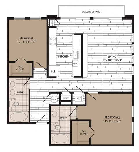 Floor plan for 2 beds, 2 baths, 1091 sqft