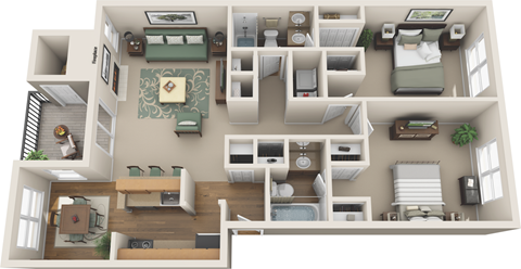 Floor plan for 2 beds, 2 baths, 1048 sqft