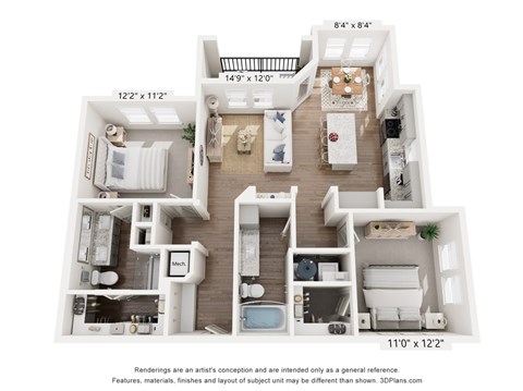 Floor plan for 2 beds, 2 baths, 1106 sqft