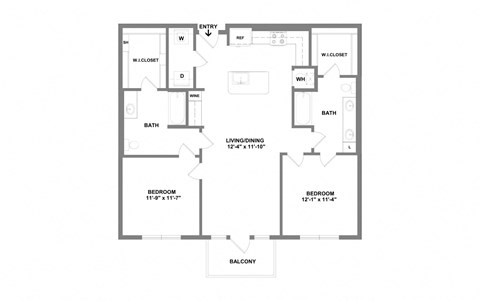 Floor plan for 2 beds, 2 baths, 1143 sqft
