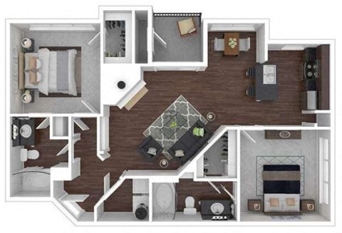Floor plan for 2 beds, 2 baths, 1053 sqft