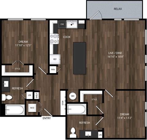 Floor plan for 2 beds, 2 baths, 1150 sqft