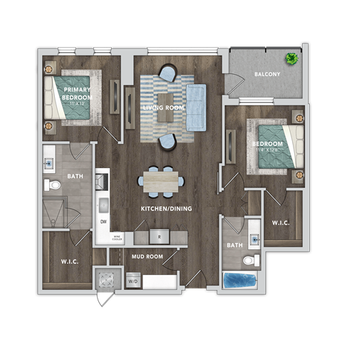 Floor plan for 2 beds, 2 baths, 1245 sqft