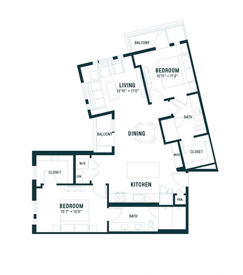 Floor plan for 2 beds, 2 baths, 1174 sqft