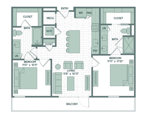 Floor plan for 2 beds, 2 baths, 940 sqft