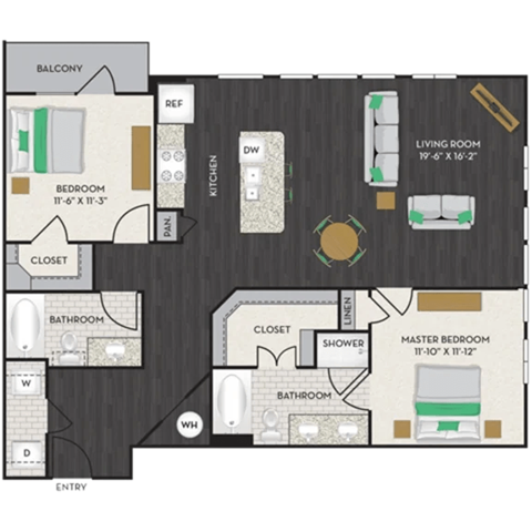 Floor plan for 2 beds, 2 baths, 1223 sqft