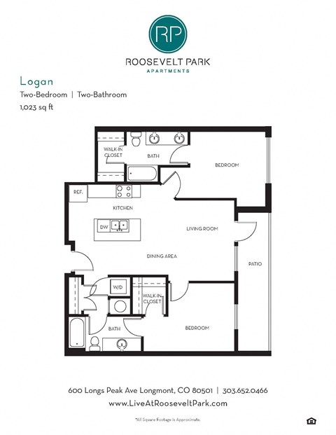 Floor plan for 2 beds, 2 baths, 1023 sqft