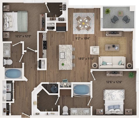 Floor plan for 2 beds, 2 baths, 1131 sqft