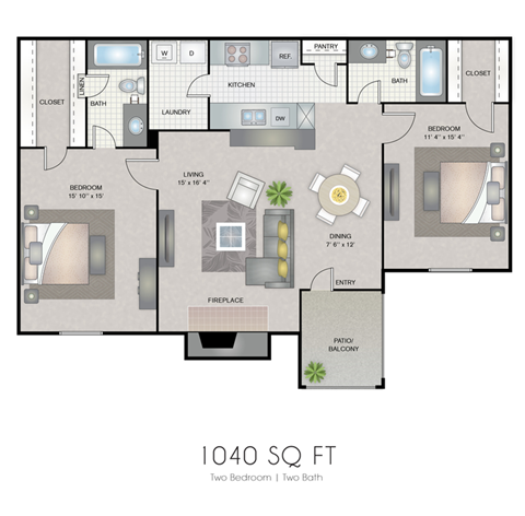 Floor plan for 2 beds, 2 baths, 1040 sqft