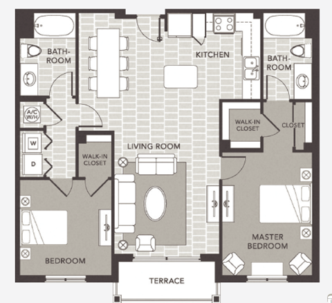 Floor plan for 2 beds, 2 baths, 1108 sqft