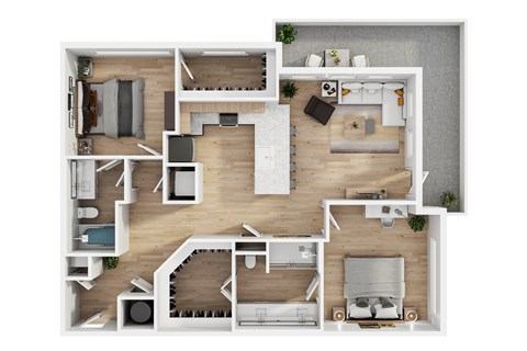 Floor plan for 2 beds, 2 baths, 1107 sqft