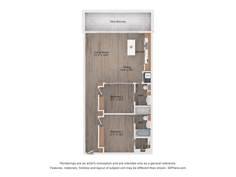 Floor plan for 2 beds, 2 baths, 1192 sqft