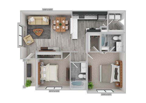 Floor plan for 2 beds, 2 baths, 1022 sqft