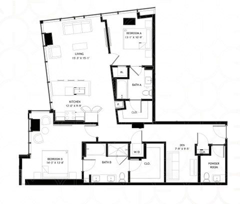 Floor plan for 2 beds, 2 baths, 1454 sqft