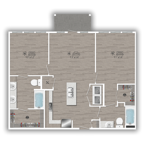 Floor plan for 2 beds, 2 baths, 1022 sqft