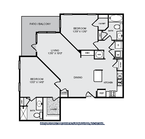 Floor plan for 2 beds, 2 baths, 1280 sqft