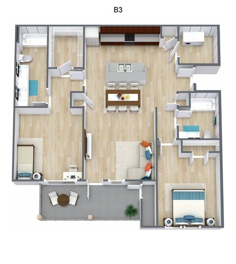 Floor plan for 2 beds, 2 baths, 1154 sqft