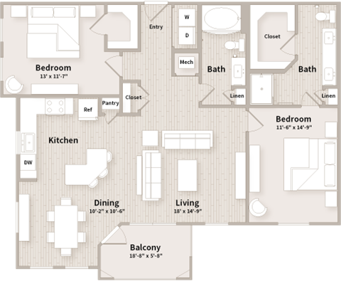 Floor plan for 2 beds, 2 baths, 1271 sqft