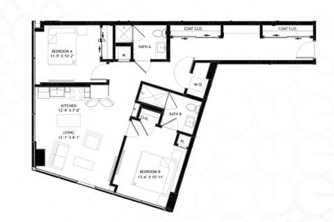 Floor plan for 2 beds, 2 baths, 1024 sqft