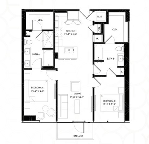 Floor plan for 2 beds, 2 baths, 1012 sqft