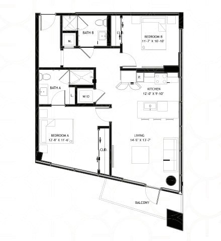 Floor plan for 2 beds, 2 baths, 1027 sqft