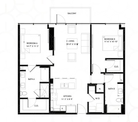 Floor plan for 2 beds, 2 baths, 1127 sqft