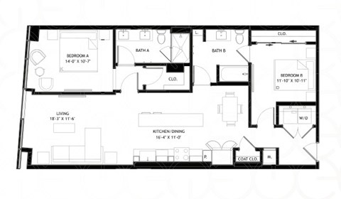 Floor plan for 2 beds, 2 baths, 1167 sqft
