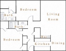 Floor plan for 2 beds, 2 baths, 1040 sqft