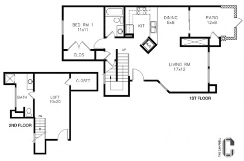 Floor plan for 2 beds, 2 baths, 1080 sqft