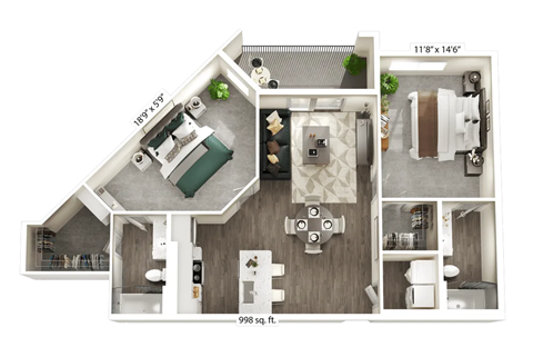 Floor plan for 2 beds, 2 baths, 998 sqft