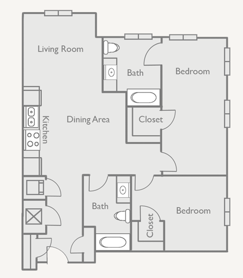 Floor plan for 2 beds, 2 baths, 1064 sqft