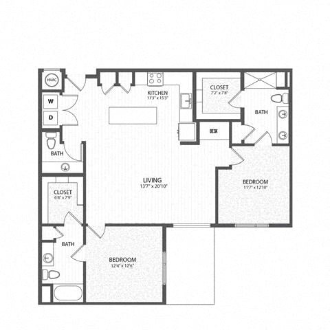 Floor plan for 2 beds, 2 baths, 1323 sqft