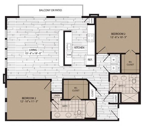 Floor plan for 2 beds, 2 baths, 1232 sqft