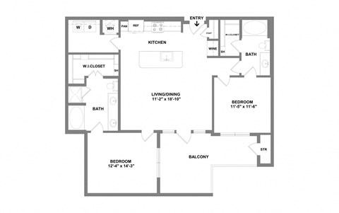 Floor plan for 2 beds, 2 baths, 1187 sqft