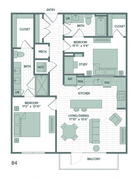 Floor plan for 2 beds, 2 baths, 1071 sqft