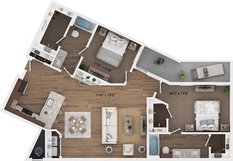 Floor plan for 2 beds, 2 baths, 1271 sqft