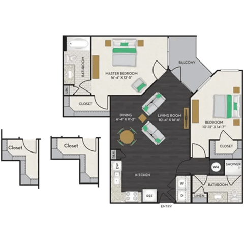 Floor plan for 2 beds, 2 baths, 1093 sqft