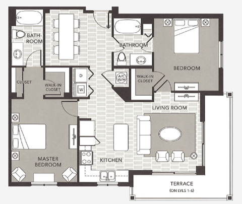 Floor plan for 2 beds, 2 baths, 1138 sqft