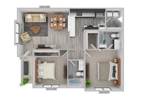 Floor plan for 2 beds, 2 baths, 1040 sqft