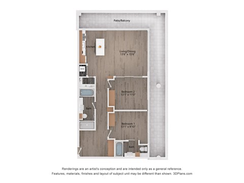 Floor plan for 2 beds, 2 baths, 1232 sqft