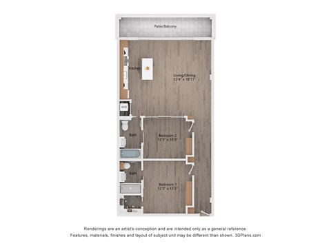 Floor plan for 2 beds, 2 baths, 1232 sqft