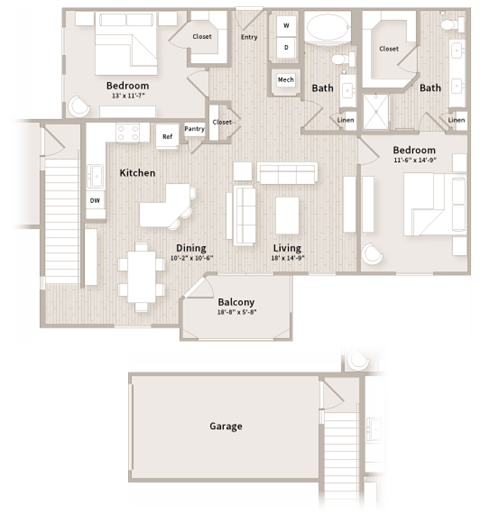 Floor plan for 2 beds, 2 baths, 1349 sqft