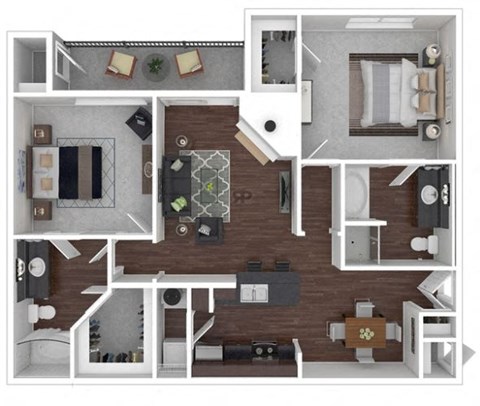 Floor plan for 2 beds, 2 baths, 1073 sqft