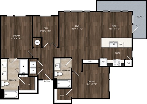 Floor plan for 2 beds, 2 baths, 1289 sqft