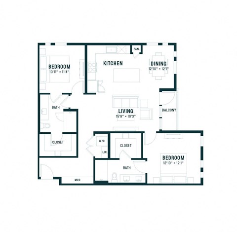 Floor plan for 2 beds, 2 baths, 1226 sqft