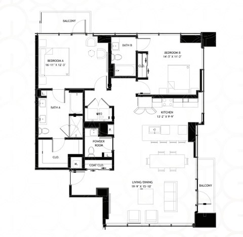 Floor plan for 2 beds, 2 baths, 1493 sqft