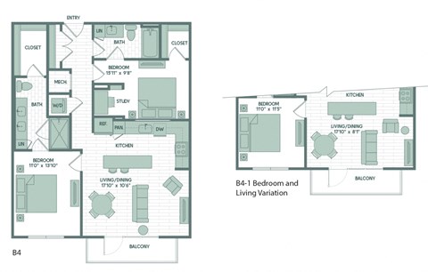 Floor plan for 2 beds, 2 baths, 1071 sqft